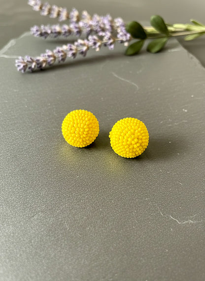Sunny Yellow Round Handmade Beaded Stud Earrings