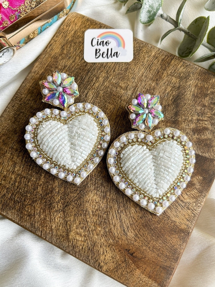 Ishqiya White Heart Drop Handmade Beaded Earrings