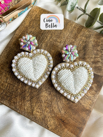 Ishqiya White Heart Drop Handmade Beaded Earrings