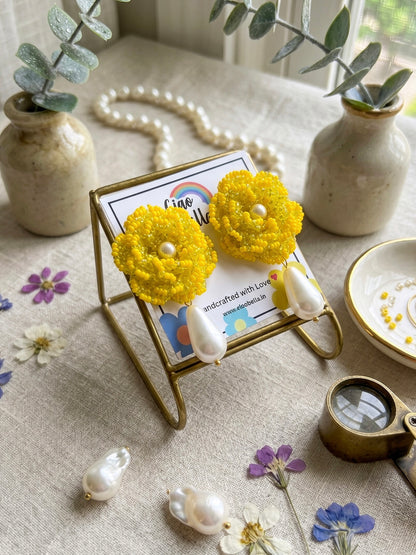 Crochet Yellow 3D Rose Pearl Drops Flower Handmade Beaded Earrings