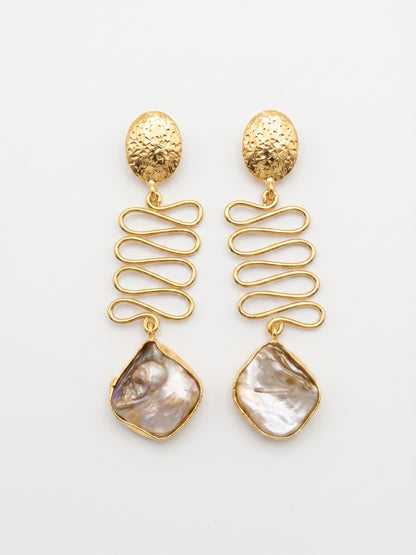 Wavy Mother of Pearl Drop Handmade Brass Earrings