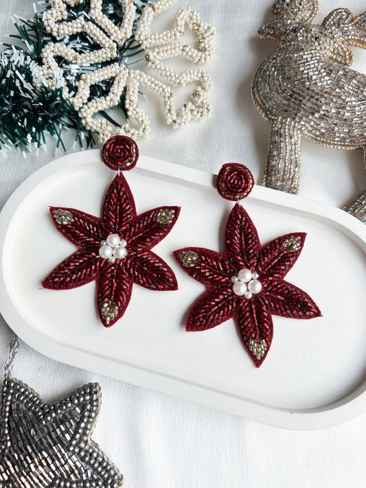 Poinsettia Petals Handmade Beaded Christmas Flower Earrings