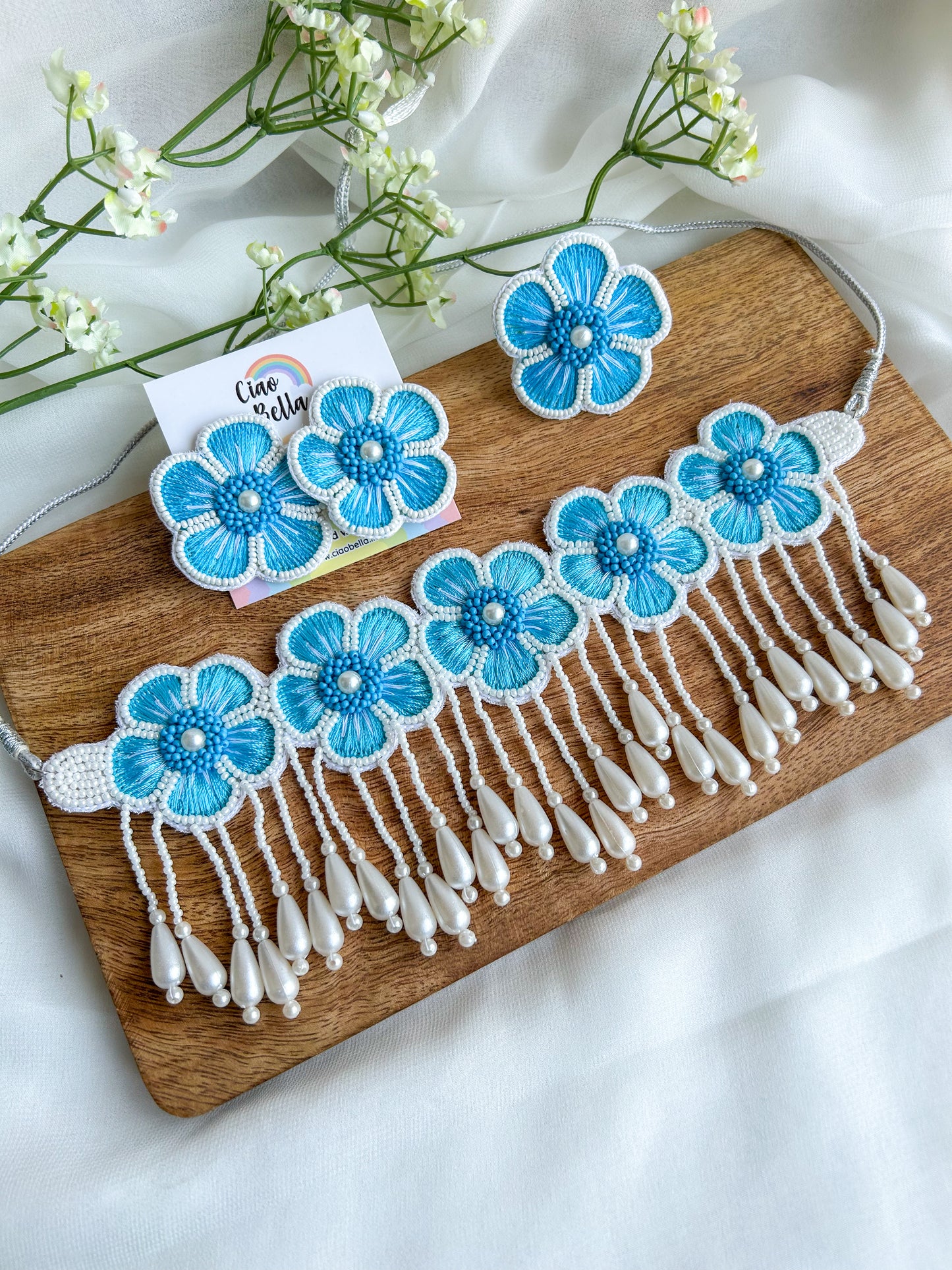 Cool Blue Blossom Handmade Necklace + Earrings + Ring Set