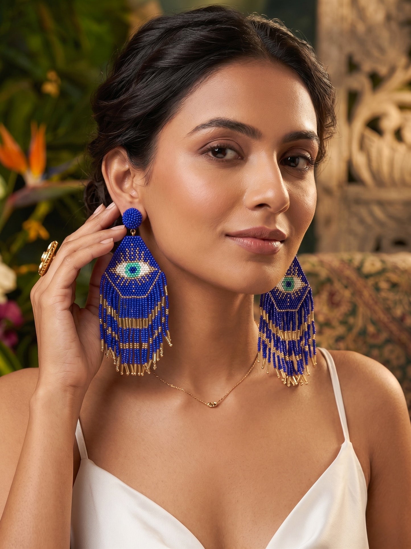 Nazarbattu Blue Evil Eye Handmade Beaded Tassel Earrings