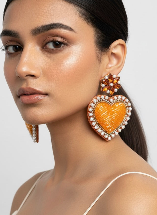 Ishqiya Orange Heart Drop Handmade Beaded Earrings