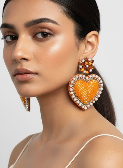 Ishqiya Orange Heart Drop Handmade Beaded Earrings