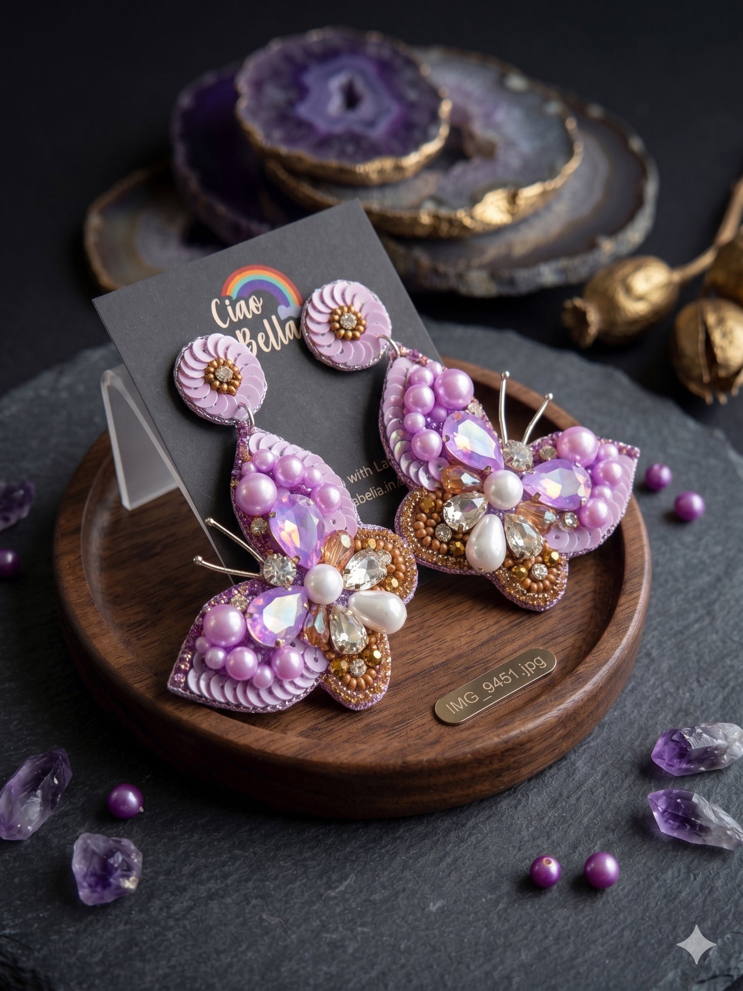 Luxe Crystal Lilac Purple Handmade Beaded Butterfly Earrings