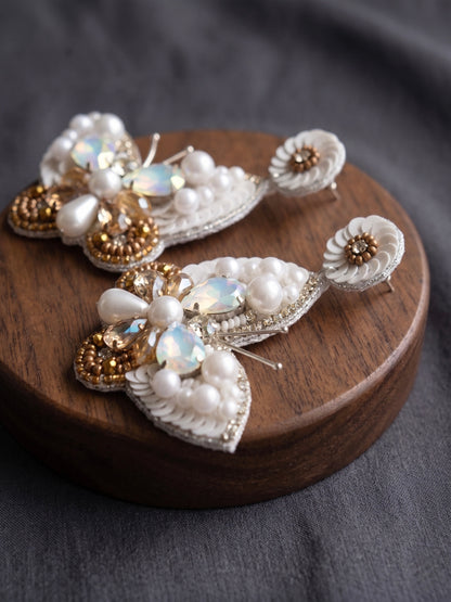 Luxe Crystal White Handmade Beaded Butterfly Earrings