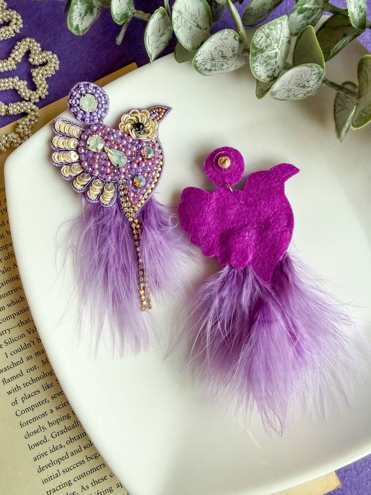 Glamorous Lilac Birdies Handmade Beaded Bird Earrings