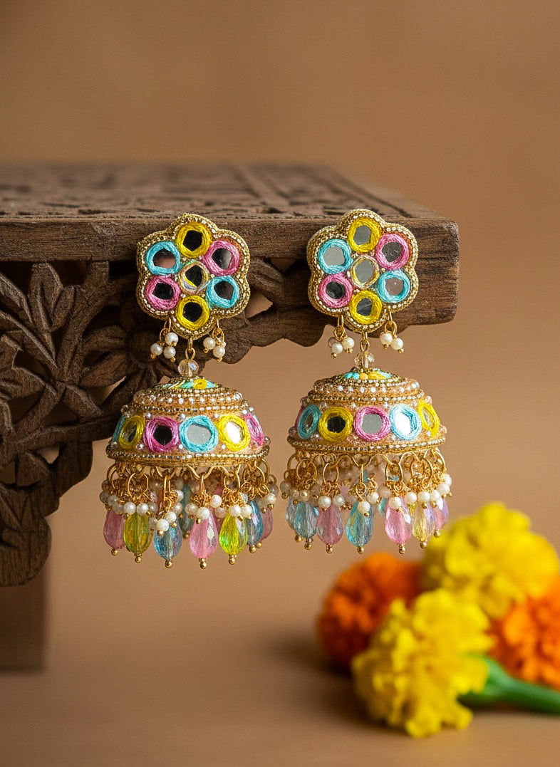 Phuljhadi Mirror Handmade Beaded Jhumka Earrings
