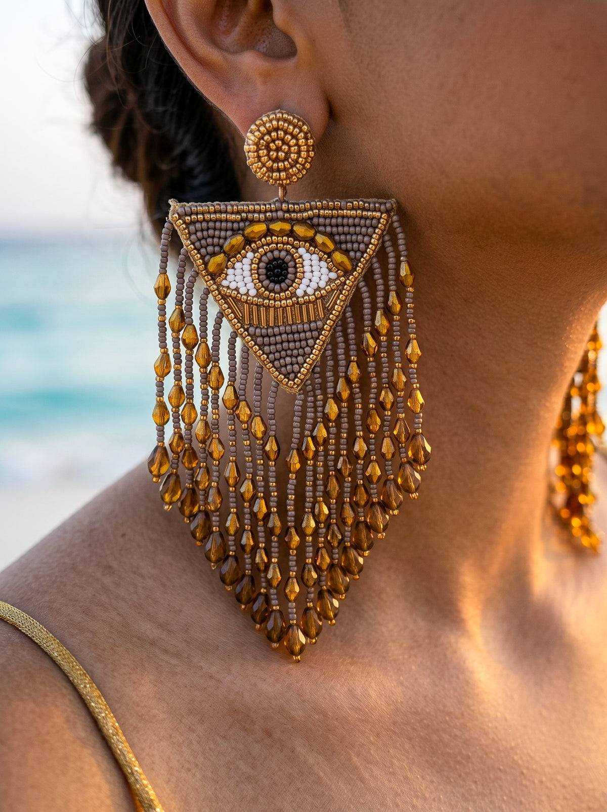 Luxe Evil Eye Bronze Handmade Beaded Tassel Earrings