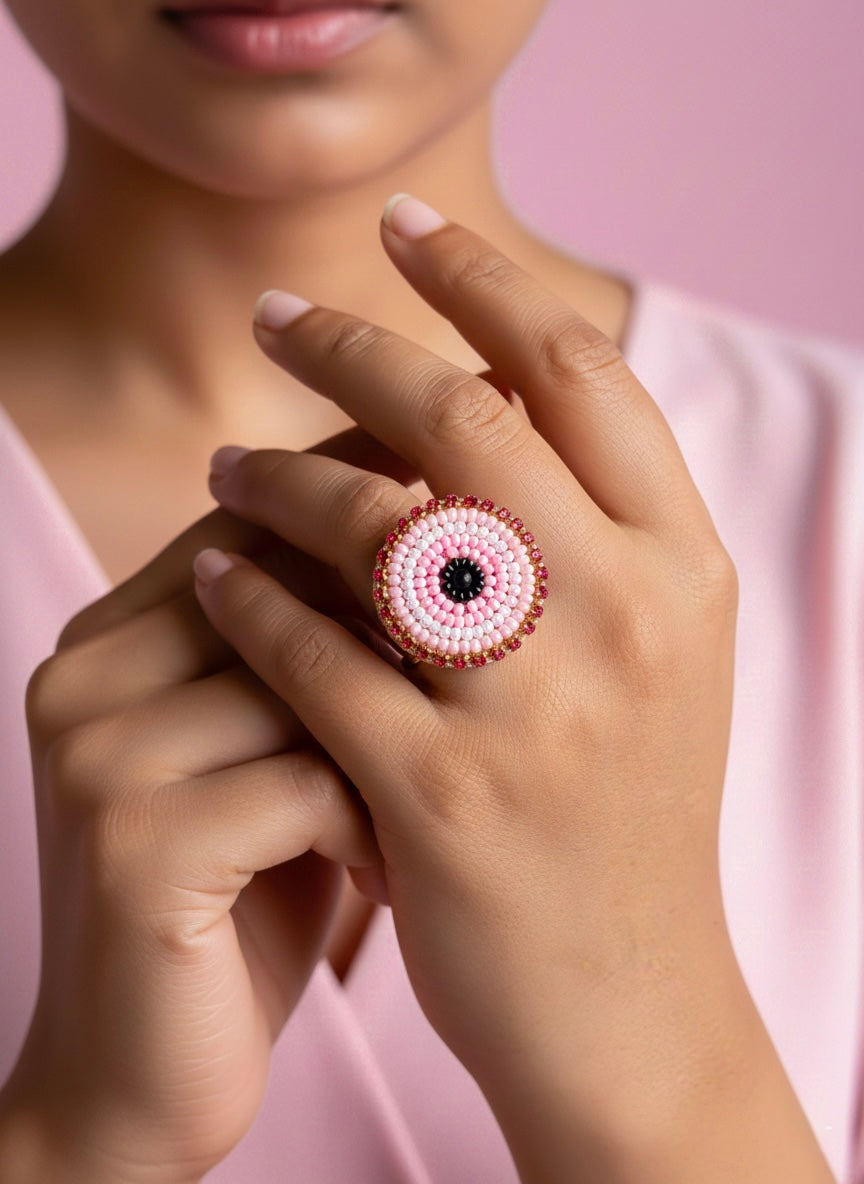 Blush Pink Evil Eye Handmade Beaded Ring