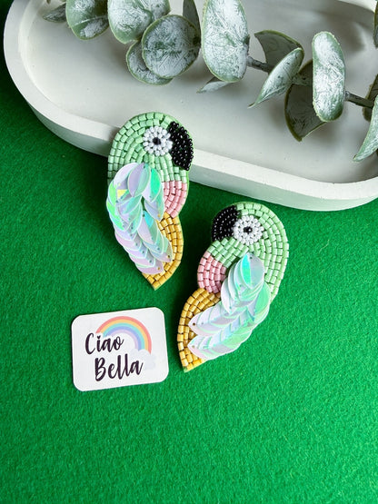 Green Parrot Handmade Beaded Bird Earrings