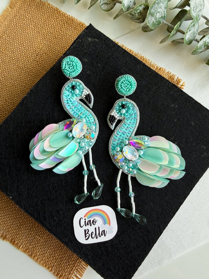 Flamazing Flamingo Ocean Teal Handmade Beaded Bird Earrings
