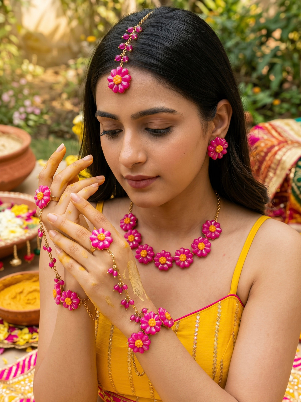 Sparkling Hot Pink Daisy Flower Handmade Beaded Haldi Jewellery Set (Necklace + Earrings + Hathphools + Maangtika)