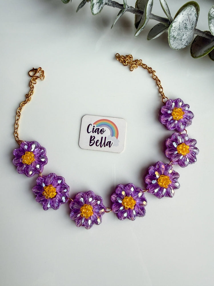 Sparkling Lilac Daisy Handmade Beaded Necklace + Earrings Set