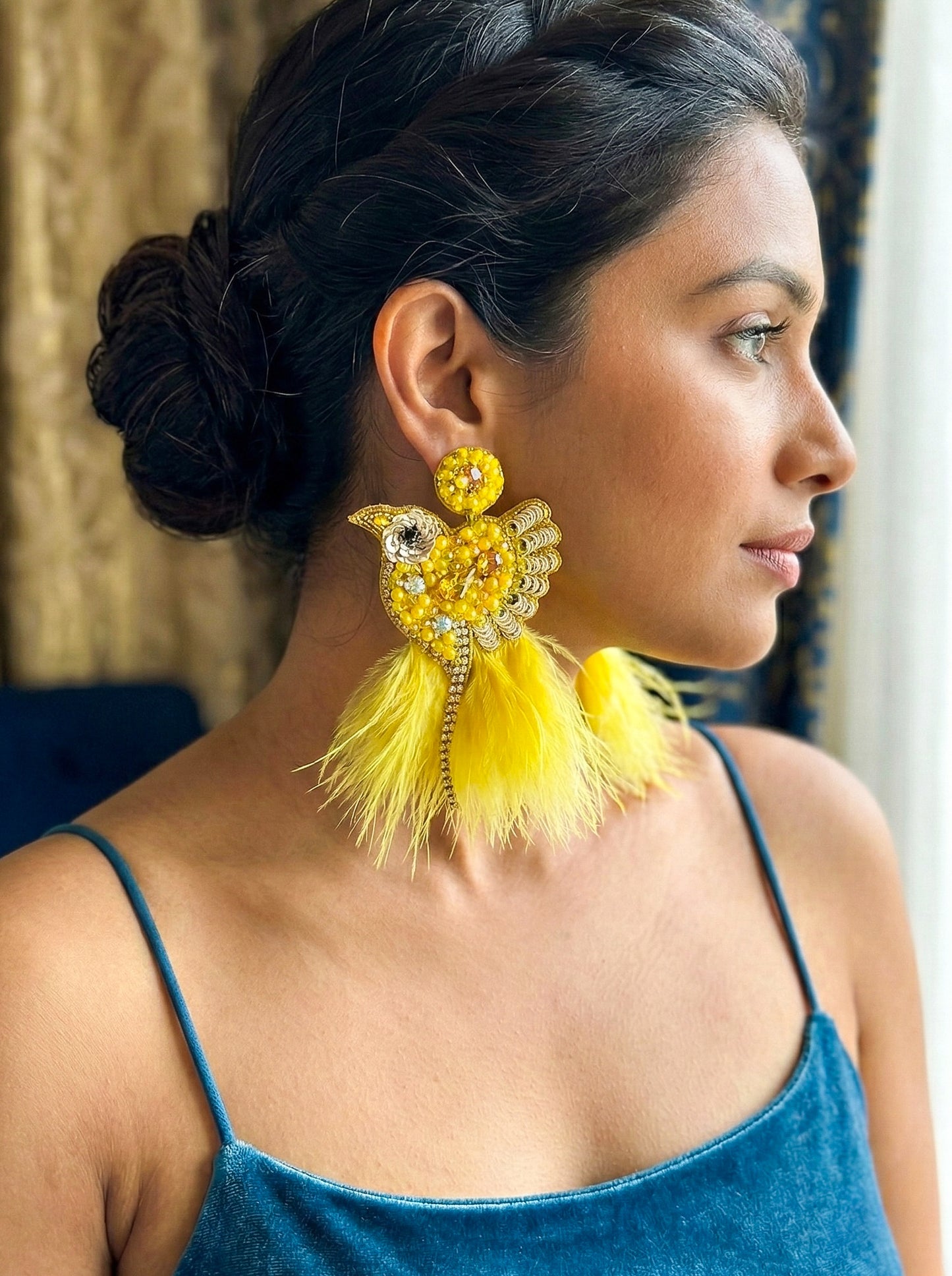 Glamorous Yellow Birdies Handmade Beaded Bird Earrings