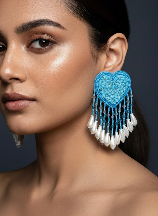 Aqua Blue Heart Drop Handmade Beaded Tassel Earrings