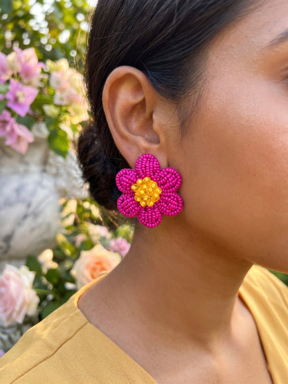 Pink Daisy Stud Handmade Beaded Flower Earrings