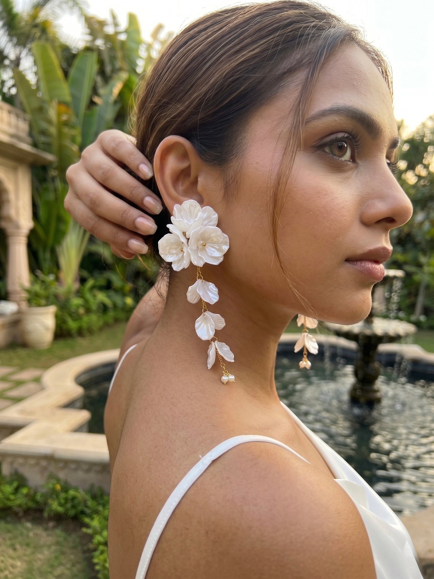 Aurelia Flower Pearl White Statement Handmade Beaded Earrings