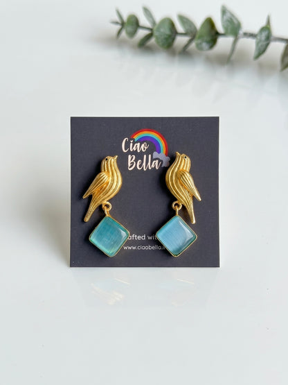 Hello Birdie Handmade Brass Earrings - Aqua Diamond