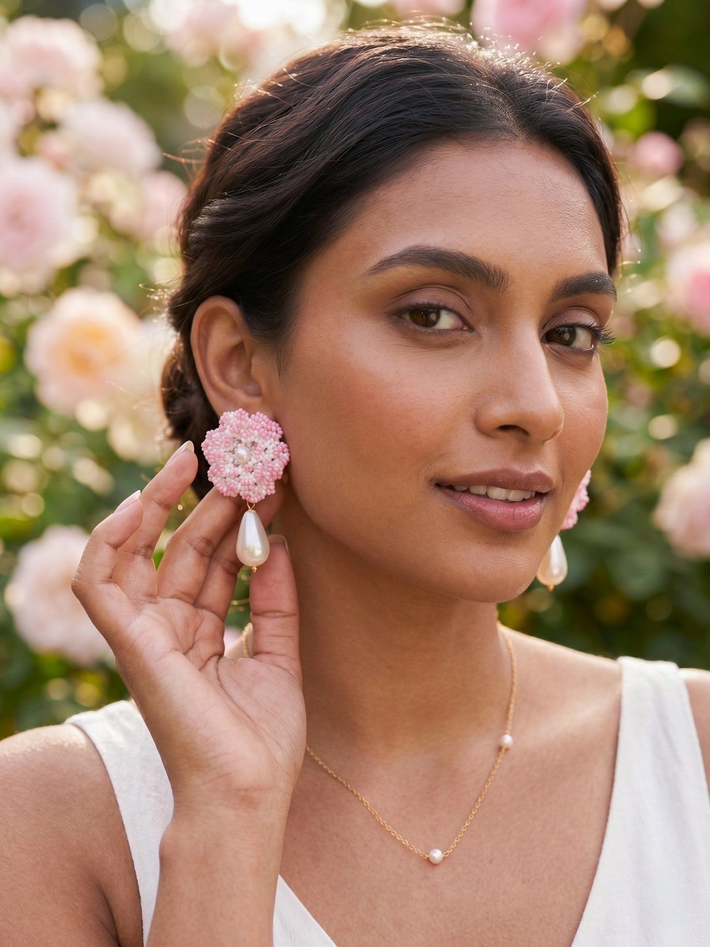 Crochet White Blush Pink 3D Rose Pearl Drops Flower Handmade Beaded Earrings