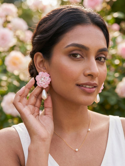 Crochet White Blush Pink 3D Rose Pearl Drops Flower Handmade Beaded Earrings