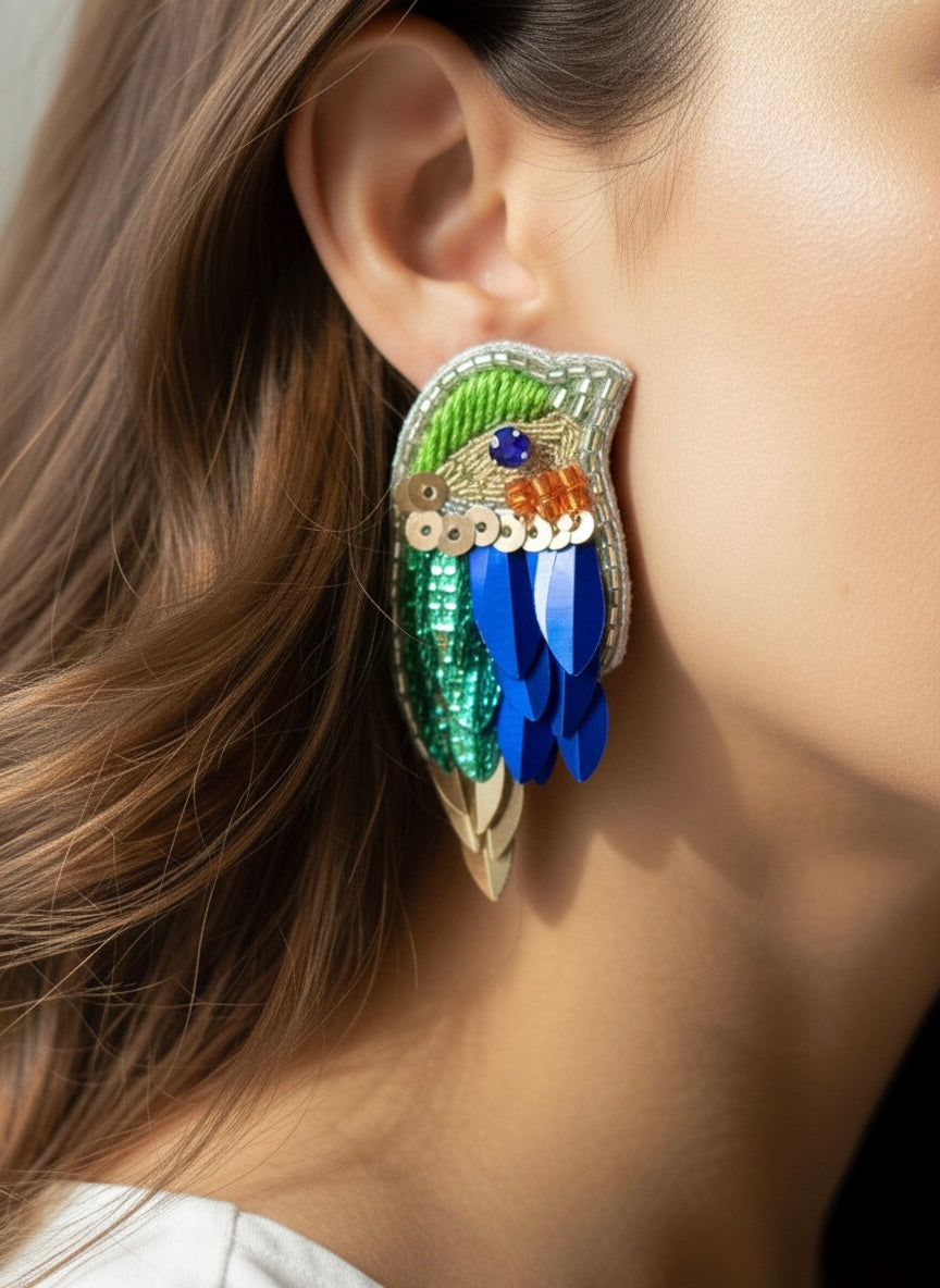 Chirpy Forest Green Blue Parrot Handmade Beaded Bird Earrings