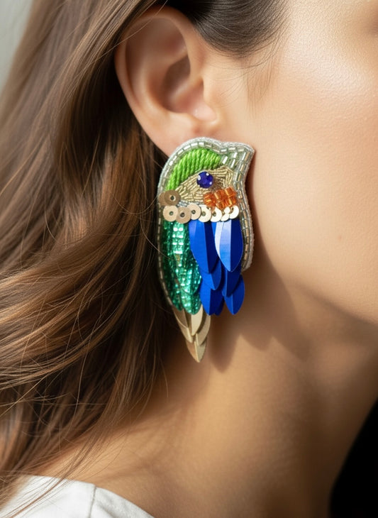 Chirpy Forest Green Blue Parrot Handmade Beaded Bird Earrings
