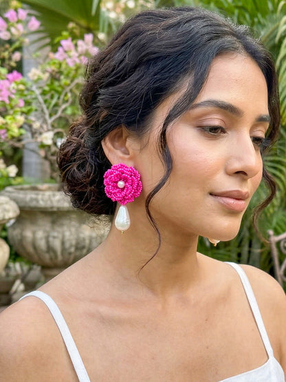 Crochet Pink 3D Rose Pearl Drops Flower Handmade Beaded Earrings