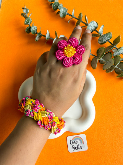 Luxe Flora Marigold Handmade Beaded Bracelet + Ring Combo