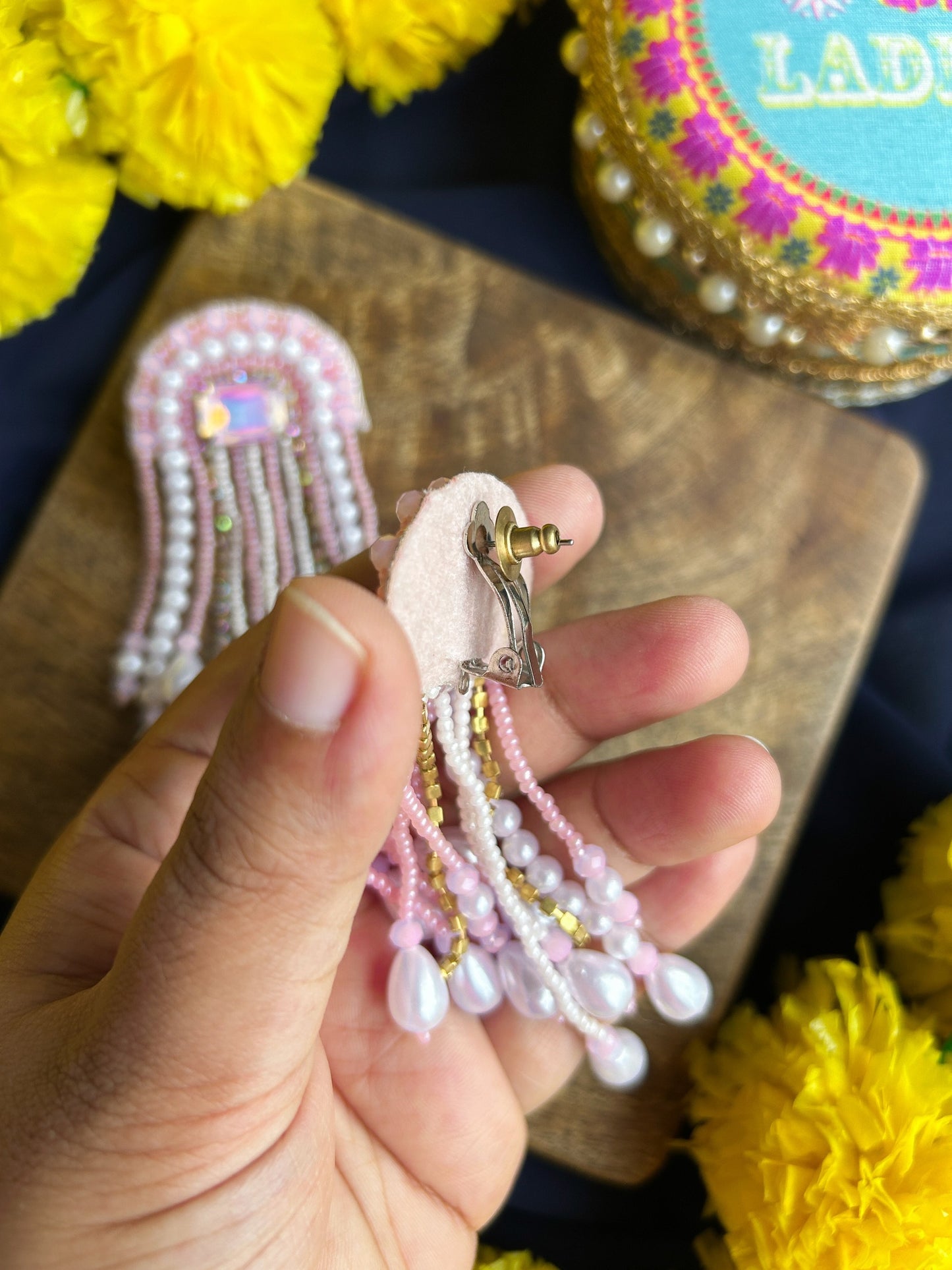 Chandni Drops Pink Handmade Beaded Tassel Earrings