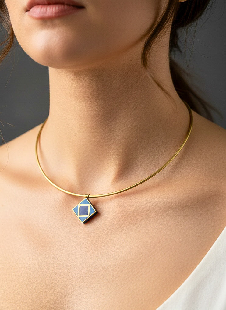 Blue Mosaic Brass Hasli Necklace