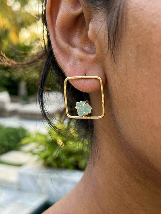 Sera – Teal Square Handmade Brass Earrings
