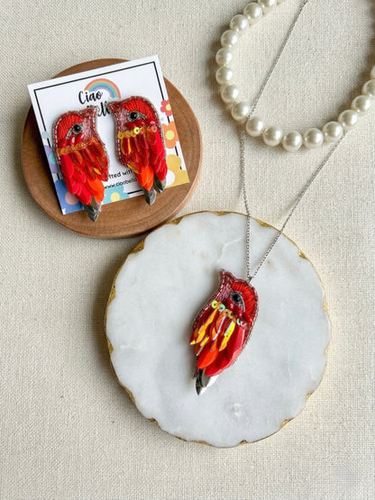 Chirpy Sunset Orange Parrot Handmade Beaded Necklace + Earrings Set