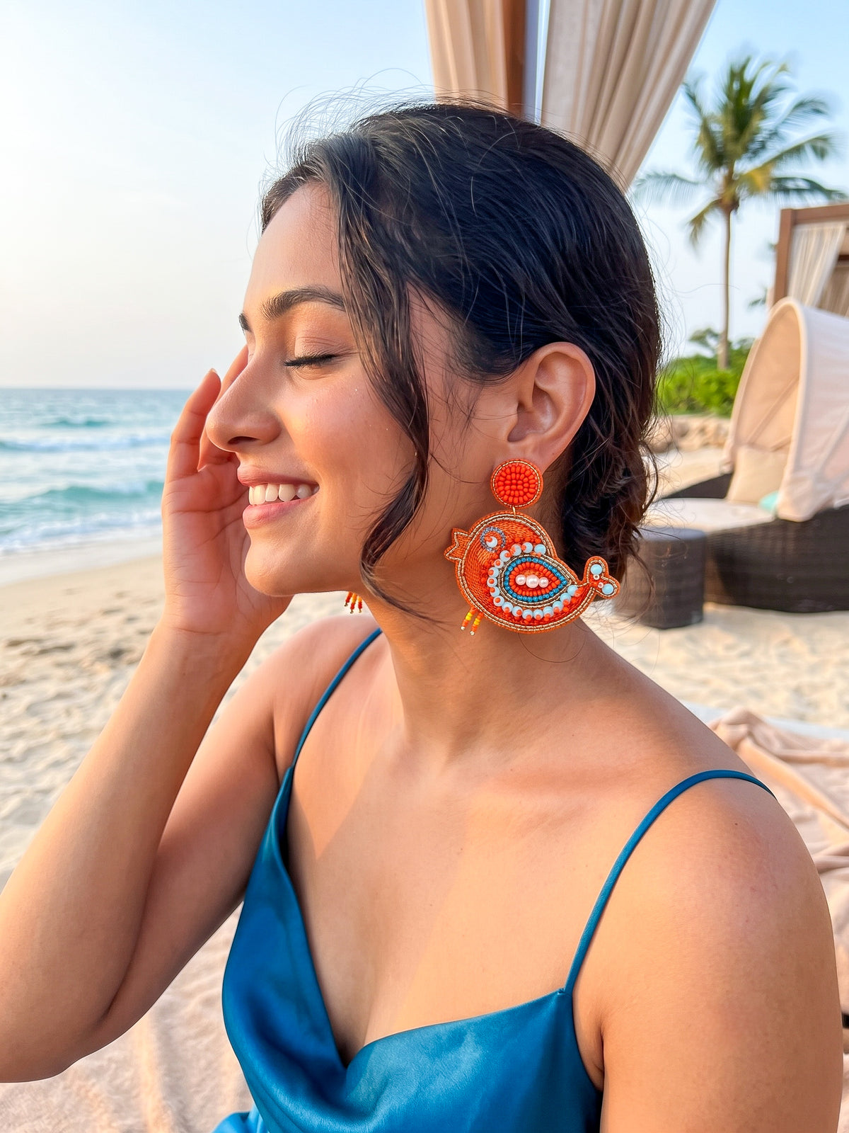 Chirpy Birdie Orange Handmade Beaded Earrings