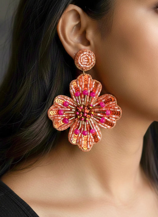 Sunset Orange Glow Flower Handmade Beaded Earrings