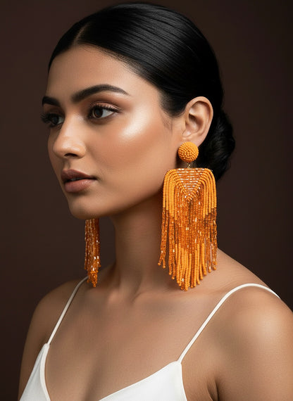 Luxe Sunset Orange Handmade Beaded Tassel Earrings
