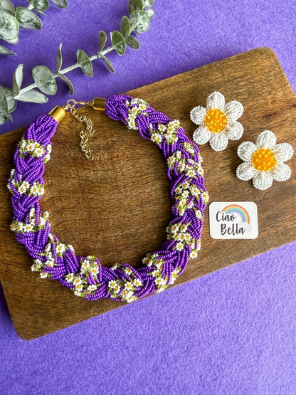Luxe Flora Purple Handmade Beaded Necklace + Earrings Set