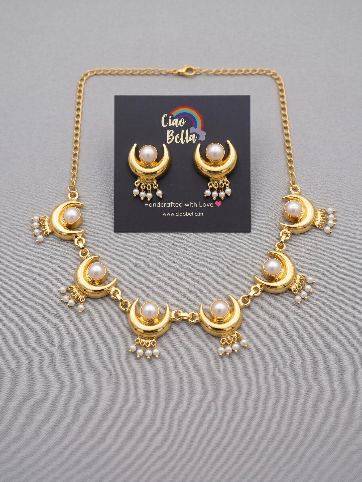 Noor Crescent Pearl Handmade Brass Necklace Set