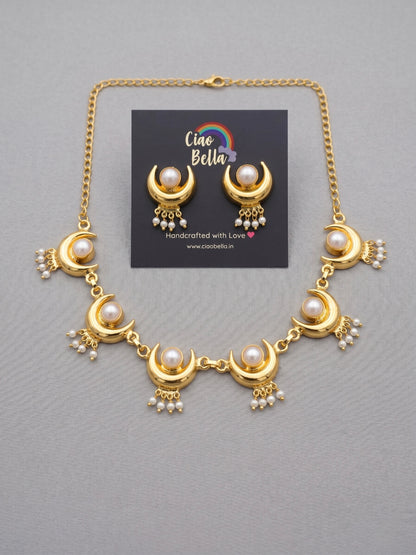Noor Crescent Pearl Handmade Brass Necklace Set
