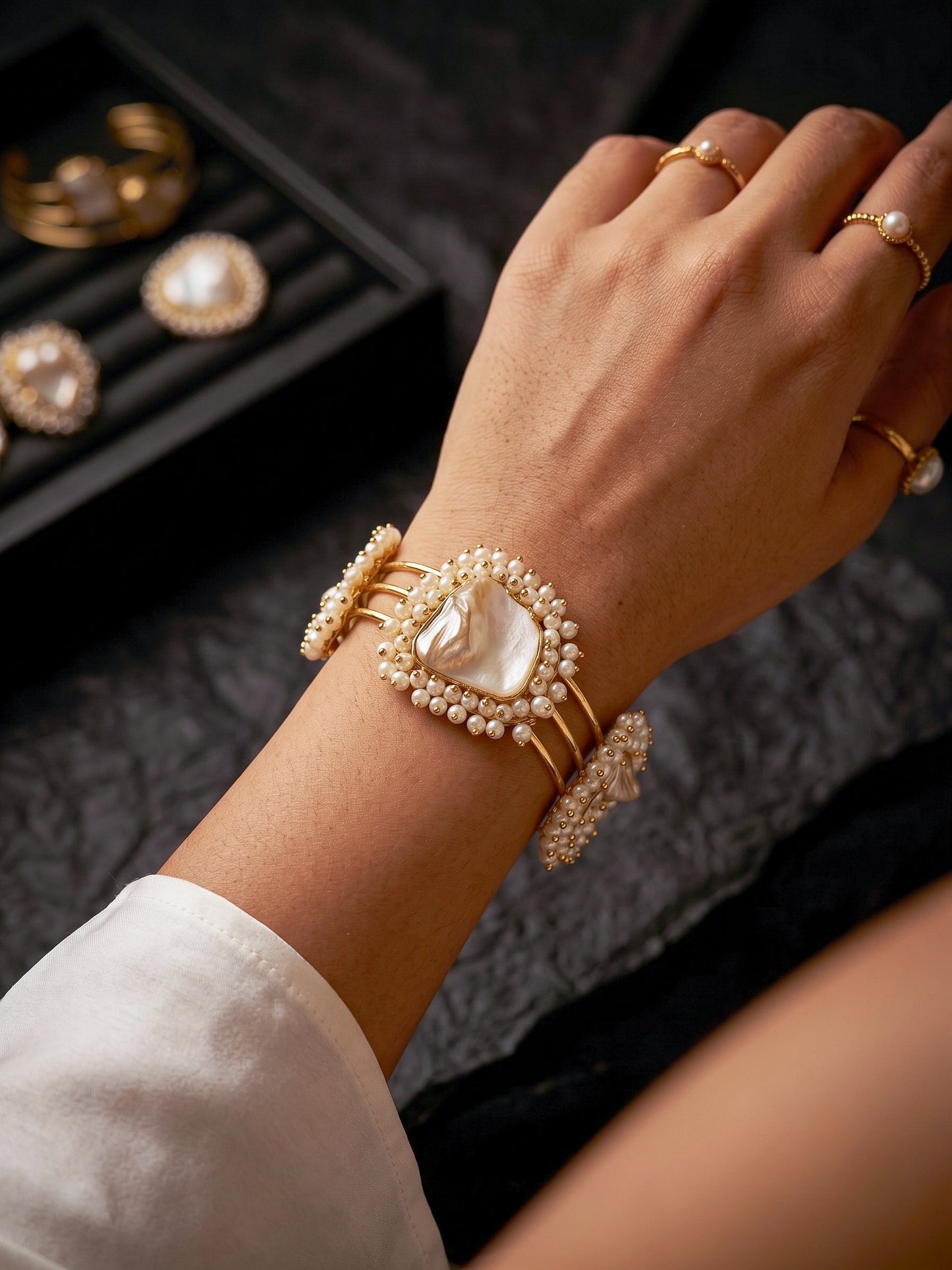Baroque Mother of Pearl Handmade Brass Cuff Bracelet