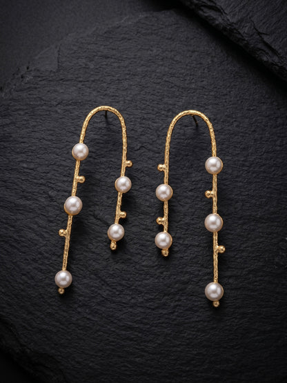 Celestial Arc Pearl Handmade Brass Earrings