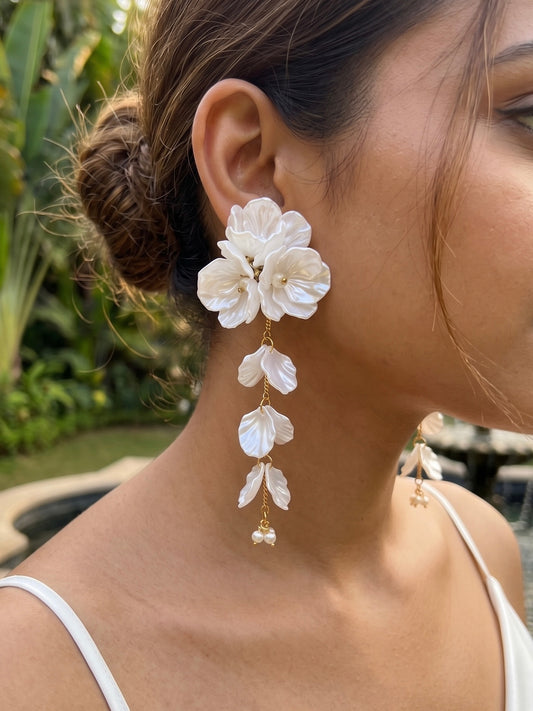 Aurelia Flower Pearl White Statement Handmade Beaded Earrings