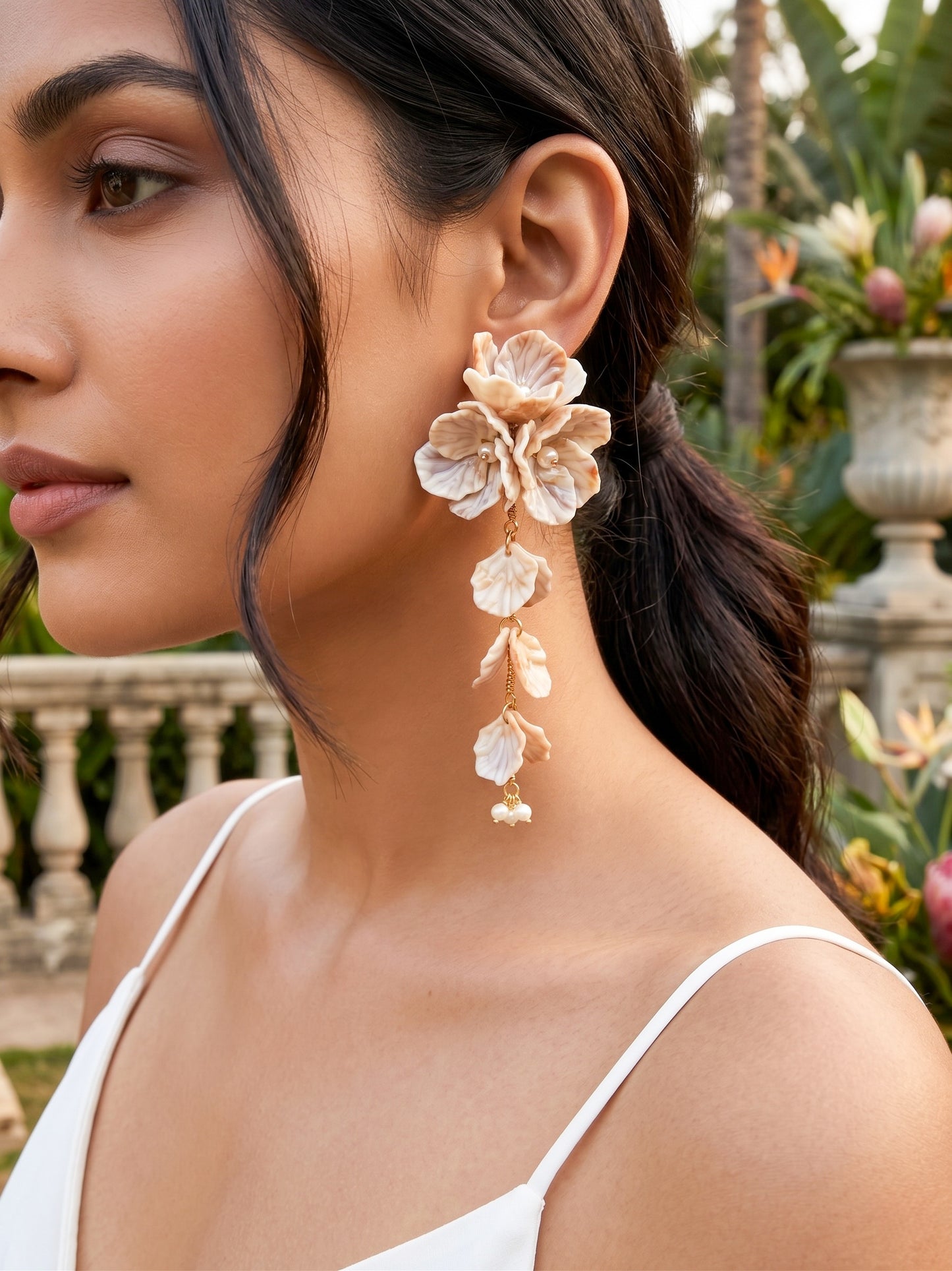 Aurelia Flower Earthy Beige Statement Handmade Beaded Earrings