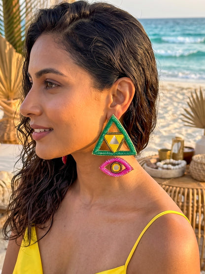 Electric Green & Pink Evil Eye Handmade Beaded Earrings