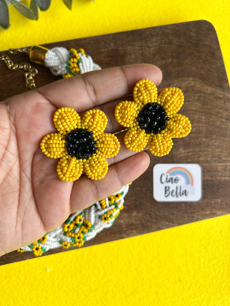 Luxe Flora Sunflower Handmade Beaded Necklace + Earrings Set