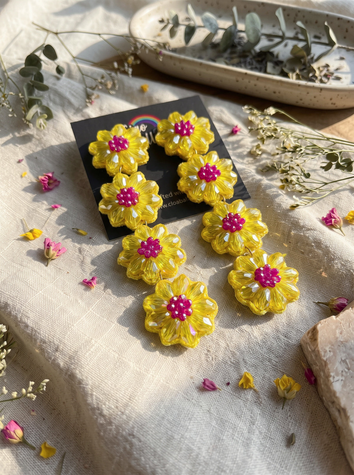 Sparkling Yellow Pink Daisy Flower Handmade Beaded Drop Earrings