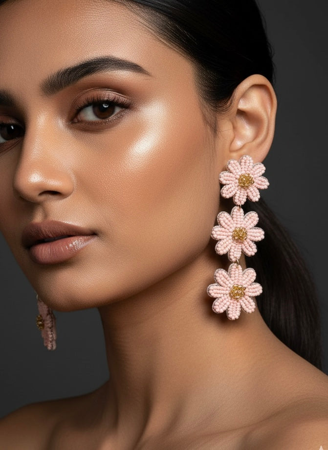 Nude Blush Petal Drops Handmade Beaded Flower Earrings