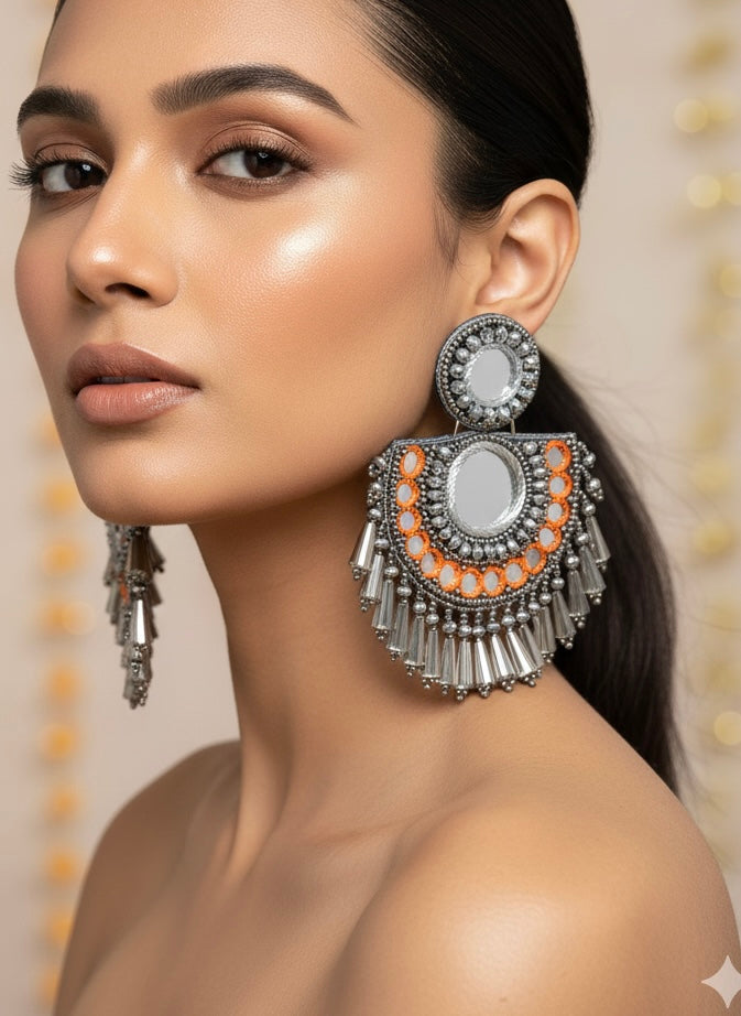 Chandrika Mirror Orange Handmade Beaded Earrings